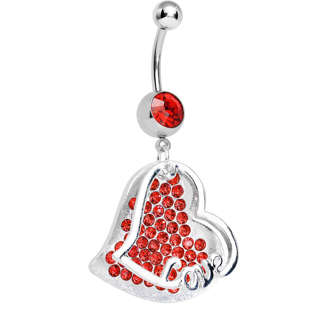 Red Gem Paved Love Heart Dangle Belly Ring