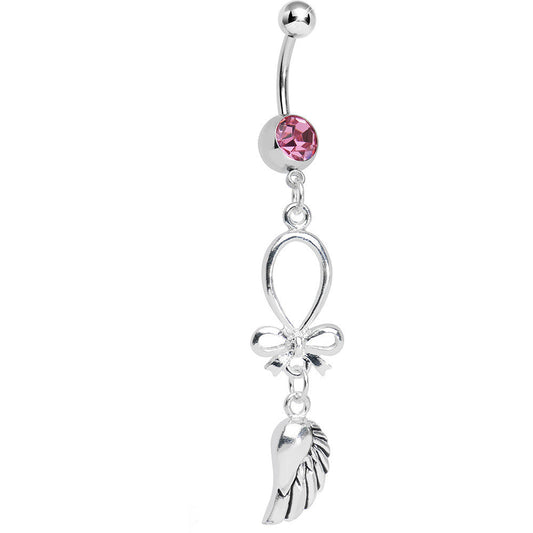 Pink Gem Bowtie with Angel Wing Dangle Belly Ring