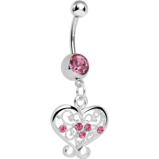 Pink Gem Opulent Scrolled Heart Dangle Belly Ring