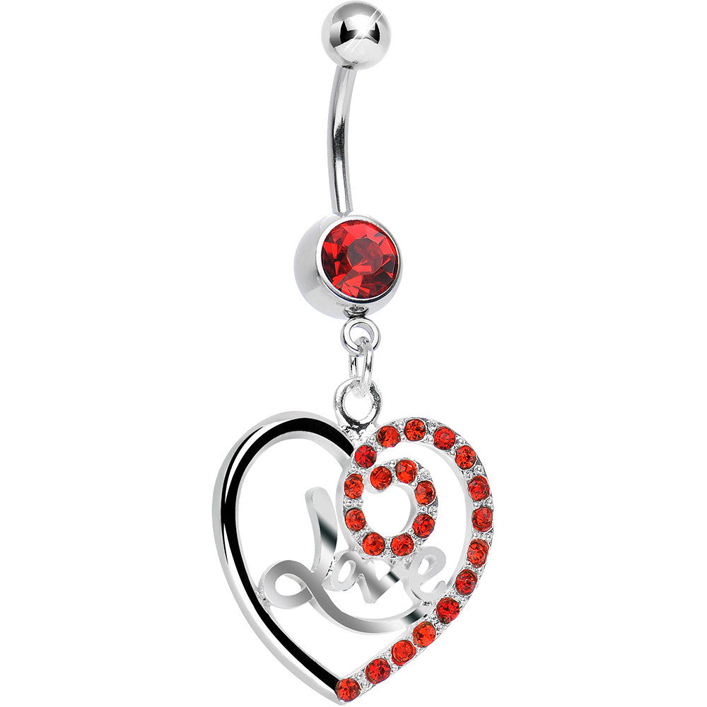 Red Gem Gleaming Love Heart Dangle Belly Ring