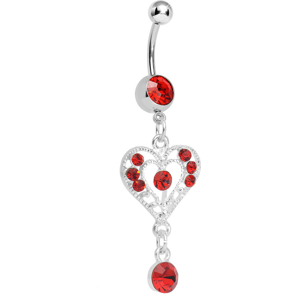 Red Gem Drops of Love Heart Dangle Belly Ring