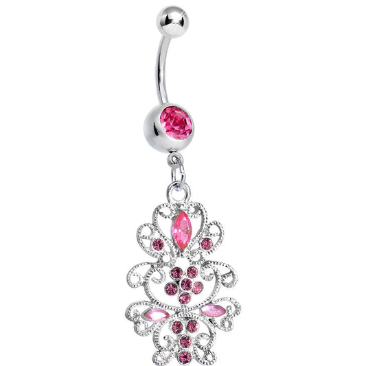 Pink Gem Day of the Daisy Flower Dangle Belly Ring