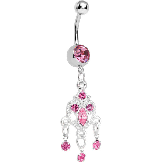 Pink Gem Chandelier Heart Dangle Belly Ring