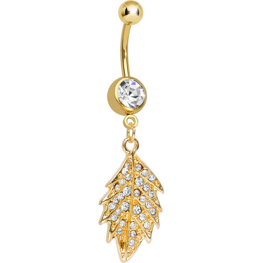 Crystalline Gem Gold Plated Delicate Drifting Leaf Dangle Belly Ring