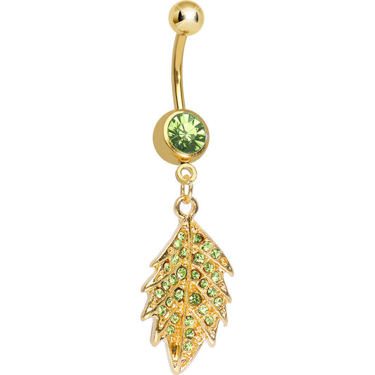 Light Green Gem Gold Plated Delicate Drifting Leaf Dangle Belly Ring