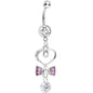 Clear CZ Drop Pink Gem Bow Half Paved Heart Dangle Belly Ring