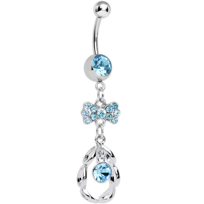 Aqua CZ Drop in a Drop and Sparkling Bow Dangle Belly Ring
