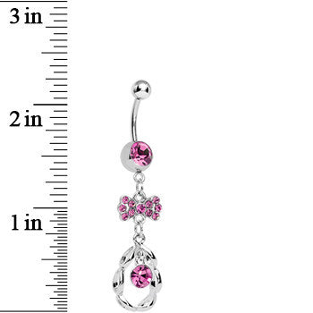 Pink CZ Drop in a Drop and Sparkling Bow Dangle Belly Ring