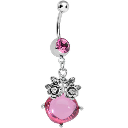 Pink Gem Luminous Orb Victorian Roses Dangle Belly Ring