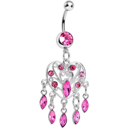 Pink Gem Shimmering Teardrop Heart Dangle Belly Ring