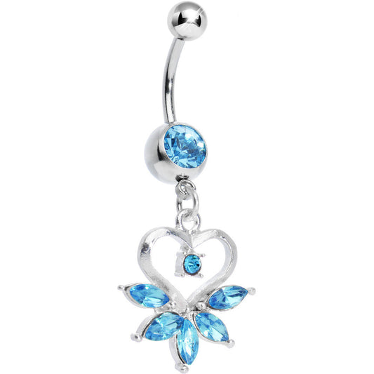 Aqua Gem Marquise Pop Hollow Heart Dangle Belly Ring