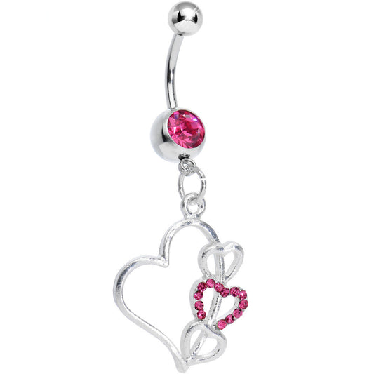 Pink Gem Hollow Heart Triple Dangle Belly Ring