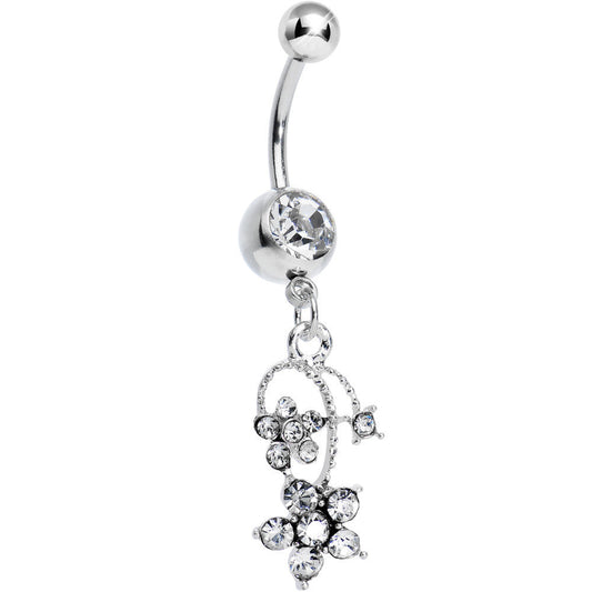 Clear Gem Tri Flower Strand Dangle Belly Ring