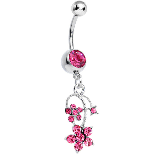 Pink Gem Tri Flower Strand Dangle Belly Ring