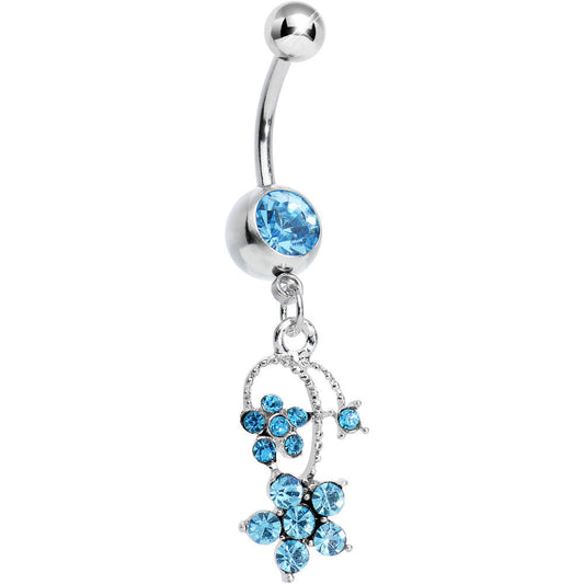 Aqua Gem Tri Flower Strand Dangle Belly Ring