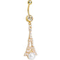 Clear Gem Faux Pearl Gold Plated Ornate Eiffel Tower Dangle Belly Ring