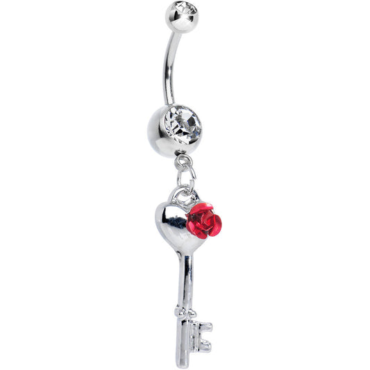 Crystalline Gem Blooming Rose Flower and Heart Key Dangle Belly Ring