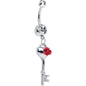Crystalline Gem Blooming Rose Flower and Heart Key Dangle Belly Ring