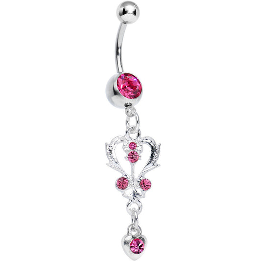 Pink Gem Swirling Vines and Hearts Dangle Belly Ring