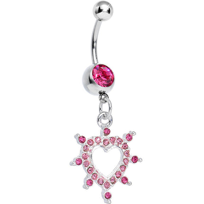 Pink Gem Bursting in Love Paved Heart Dangle Belly Ring