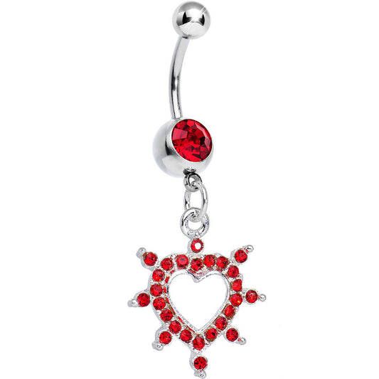 Red Gem Bursting in Love Paved Heart Dangle Belly Ring