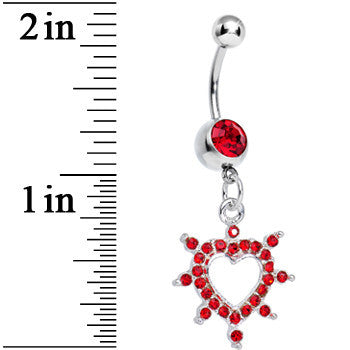 Red Gem Bursting in Love Paved Heart Dangle Belly Ring