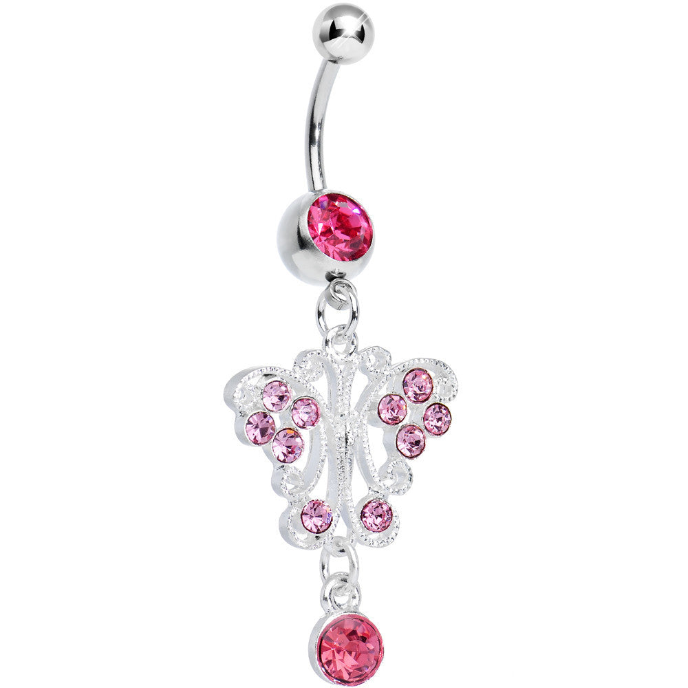 Pink Gem Elegant Symmetry Butterfly Dangle Belly Ring