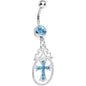 Aqua Gem Oval Framed Elegant Cross Dangle Belly Ring