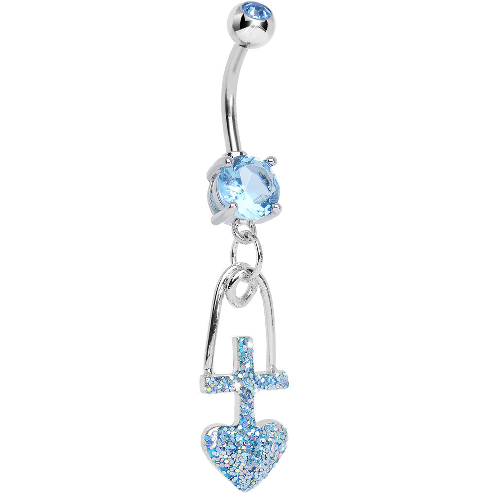 Aqua Gem Glitter Cross and Heart Dangle Belly Ring