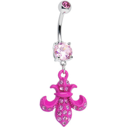 Pink Gem Hot Pink Flipped Fleur de Lis Dangle Belly Ring
