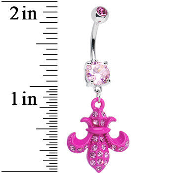 Pink Gem Hot Pink Flipped Fleur de Lis Dangle Belly Ring