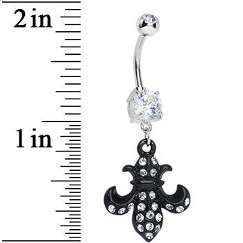 Crystalline Gem Jet Black Flipped Fleur de Lis Dangle Belly Ring