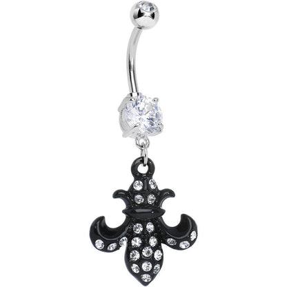 Crystalline Gem Jet Black Flipped Fleur de Lis Dangle Belly Ring