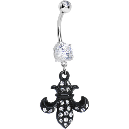 Crystalline Gem Jet Black Flipped Fleur de Lis Dangle Belly Ring