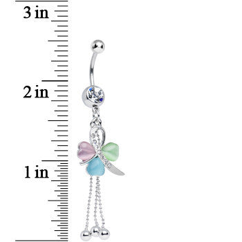 Clear Gem Multicolored Ribbon Hearts Dangle Belly Ring