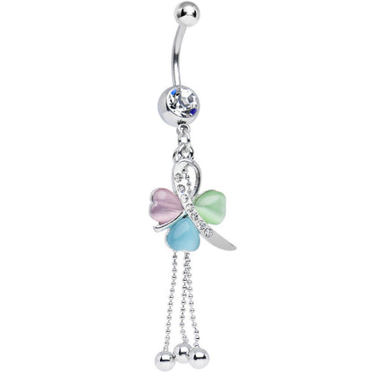 Clear Gem Multicolored Ribbon Hearts Dangle Belly Ring