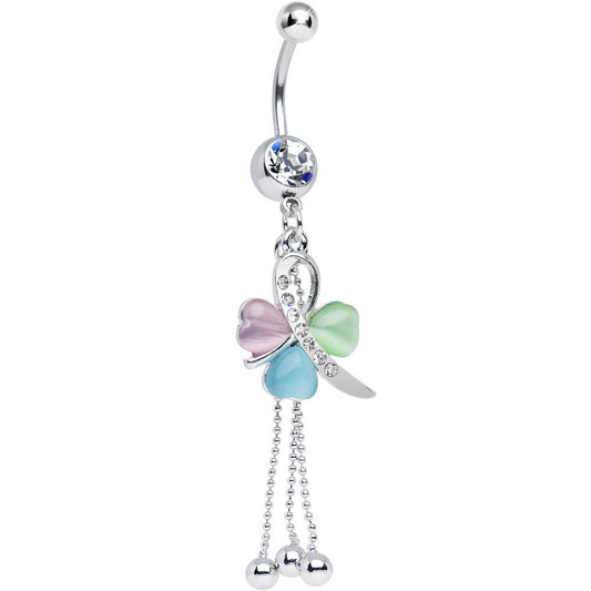 Clear Gem Multicolored Ribbon Hearts Dangle Belly Ring