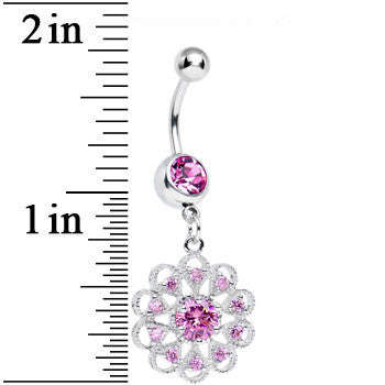 Pink CZ Round Crystal Flower Dangle Belly Ring