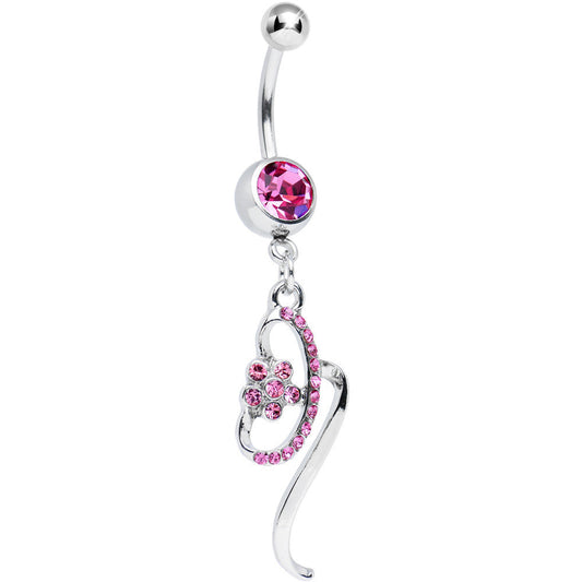 Pink Gem Twisting Flower Ribbon Dangle Belly Ring