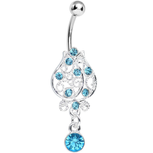 Aqua Gem Brilliant Rosebud Dangle Belly Ring