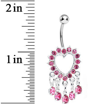 Pink Gem Super Sparkle Drops and Hollow Heart Dangle Belly Ring