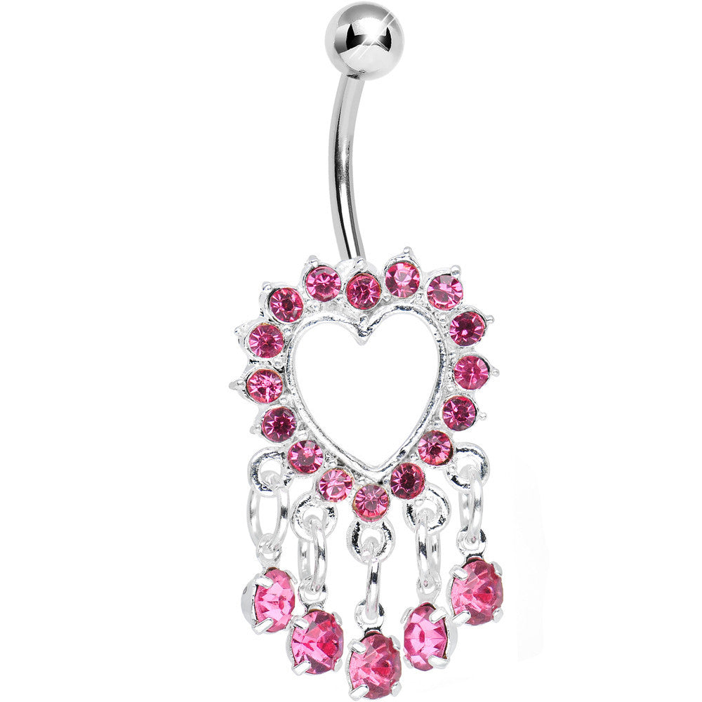 Pink Gem Super Sparkle Drops and Hollow Heart Dangle Belly Ring