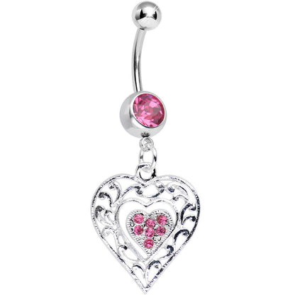 Pink Gem Layered Love Dual Heart Dangle Belly Ring