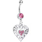 Pink Gem Layered Love Dual Heart Dangle Belly Ring