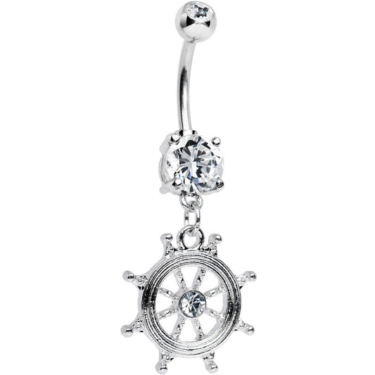 Clear CZ Shimmering Sailor Captain Wheel Dangle Belly Ring