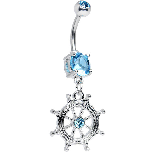 Aqua CZ Shimmering Sailor Captain Wheel Dangle Belly Ring