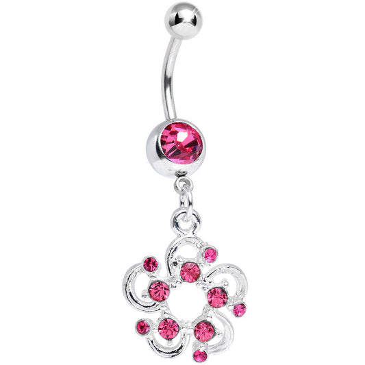 Pink Gem Summertime Open Flower Petal Dangle Belly Ring