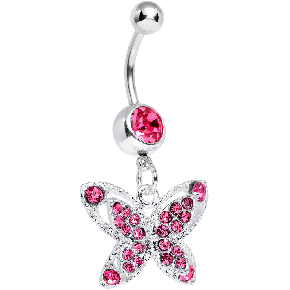 Pink Gem Spirited Butterfly Dangle Belly Ring