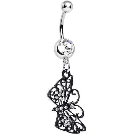 Clear Gem Floral Wings Black Butterfly Dangle Belly Ring