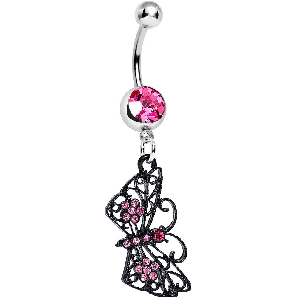 Pink Gem Floral Wings Black Butterfly Dangle Belly Ring